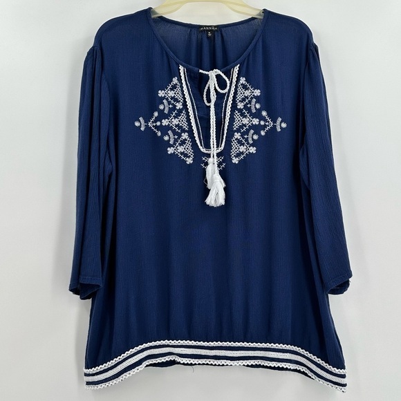 HANNAH Women’s Dark Blue with White Embroidery & Tassle Tie Top Size Medium - Picture 1 of 11